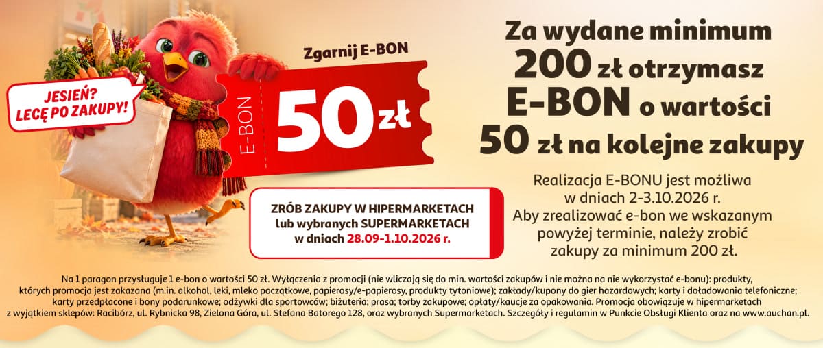Za wydane minimum 200 zł otrzymasz e-bon o wartości 50 zł na kolejne zakupy