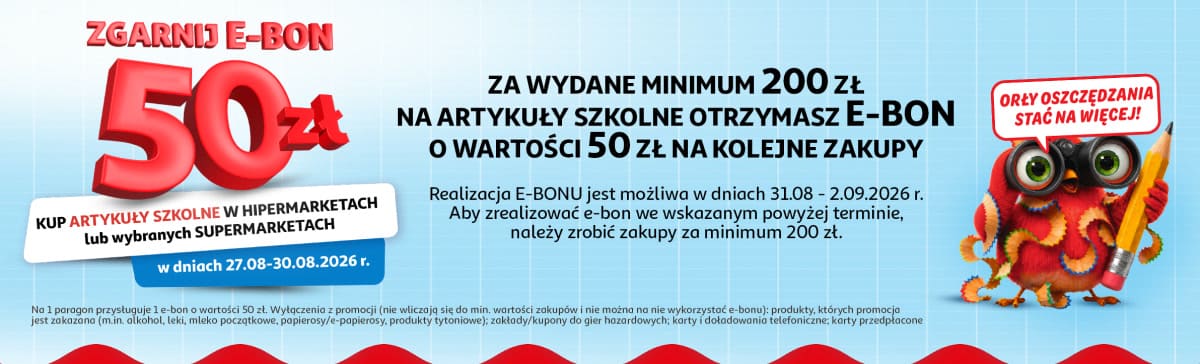 E-bon 50 zł za zakupy szkolne za minimum 200 zł