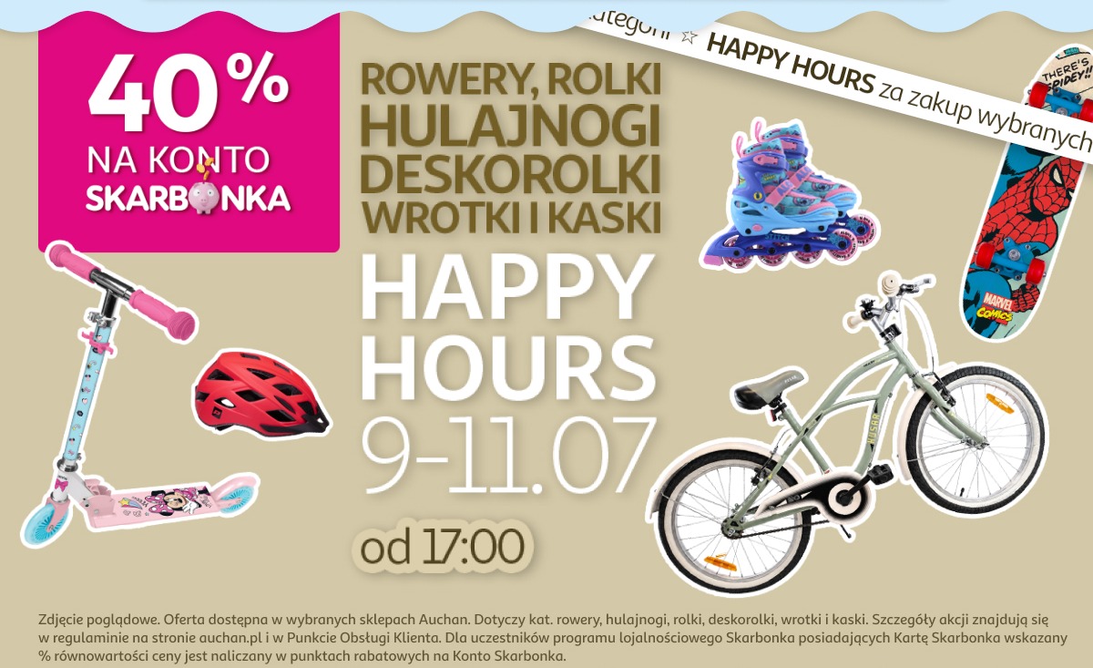 Rowery, rolki, hulajnogi, deskorolki, wrotki i kaski. Happy Hours 9-11.07 od 17:00