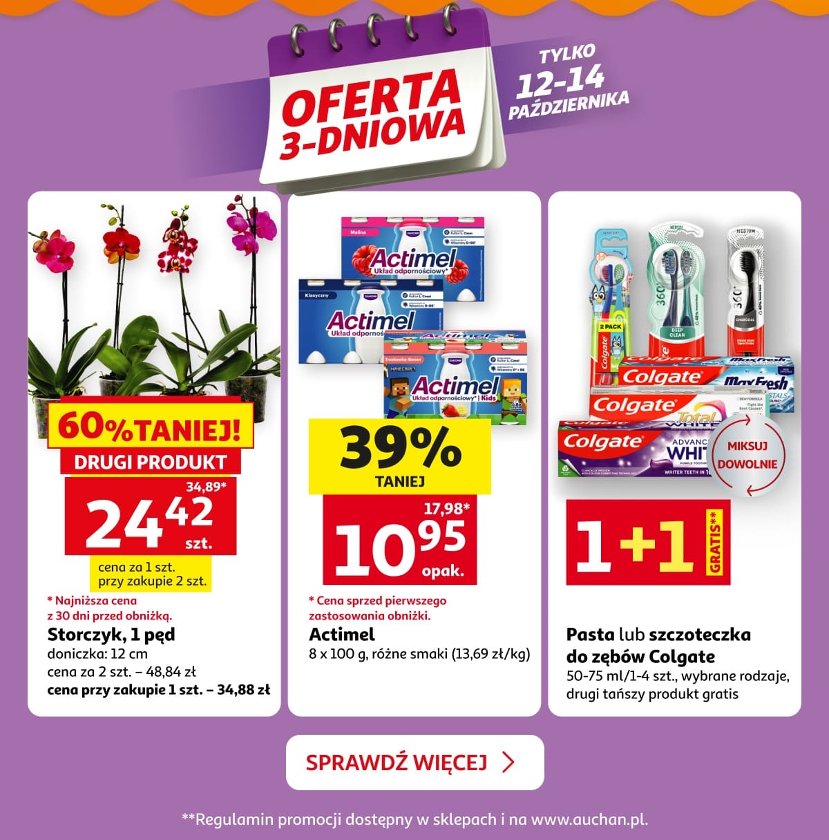 Oferta 3-dniowa tylko 12-14 października. Storczyk 2-pędowy, napój jogurtowy Actimel, pasta do zębów Colgate