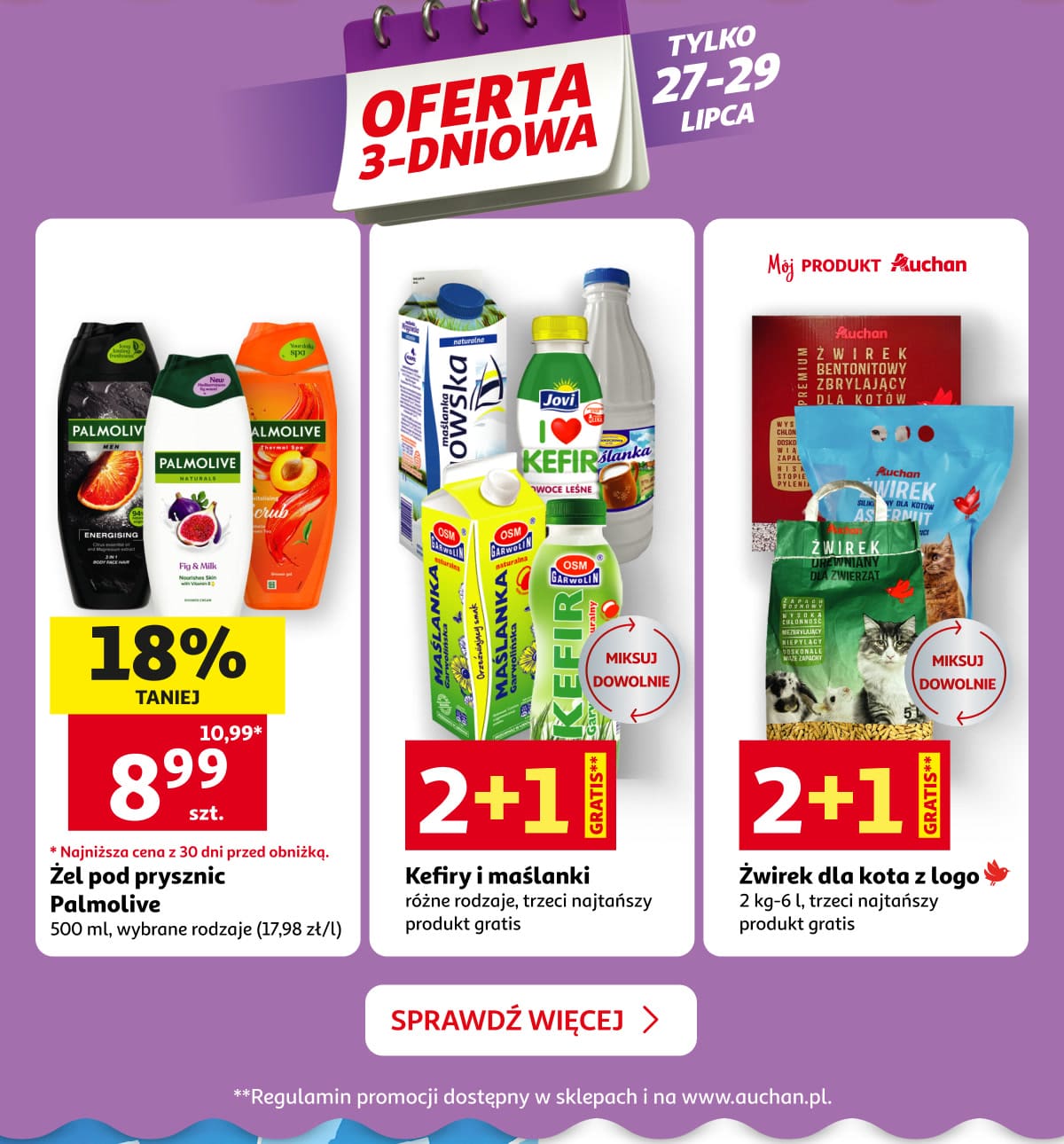 Oferta 3-dniowa tylko 27-29 lipca. Żele pod prysznic, kefiry, maślanki i żwirek dla kota