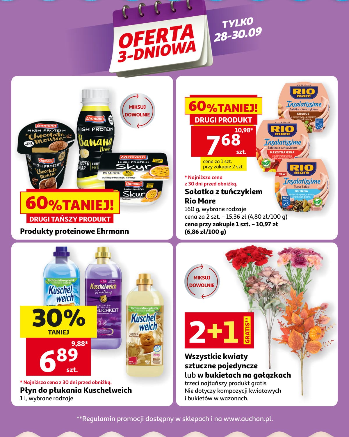 Oferta 3-dniowa. Produkty proteinowe Ehrmann, słoiki Rio Mare, papier toaletowy i kwiaty