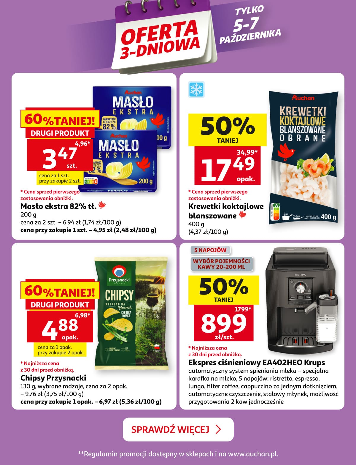 Oferta 3-dniowa. Masło Ekstra, krewetki koktajlowe, chipsy Przysnacki i ekspres ciśnieniowy Krups