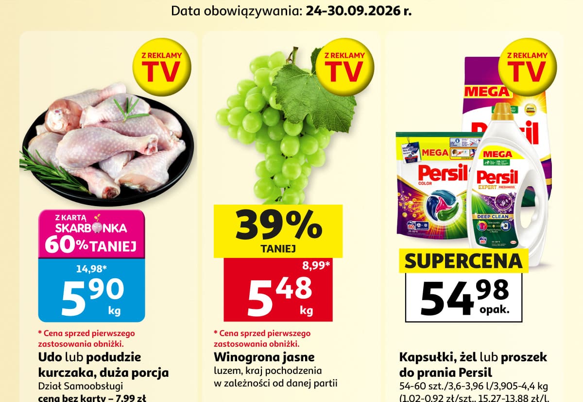 Udka lub podudzia z kurczaka, winogrona jasne i kapsułki lub proszek Persil