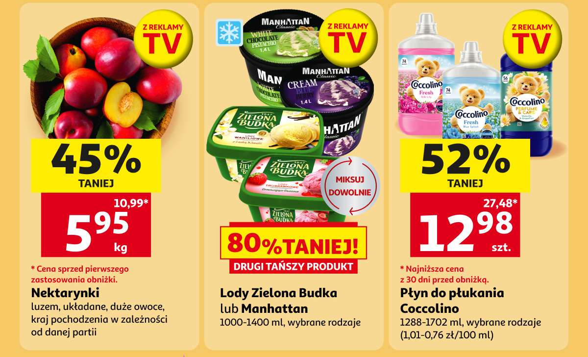 Nektarynki, lody Zielona Budka lub Manhattan, płyn do płukania Coccolino