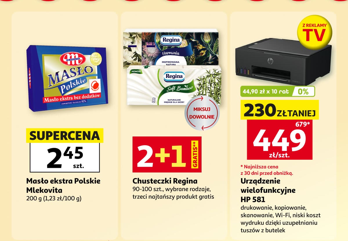 Masło, chusteczki Regina i drukarka HP