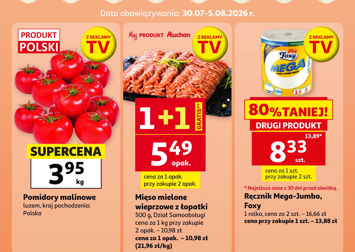 Pomidory malinowe, mięso mielone wieprzowe z łopatki i ręcznik Mega-Jumbo Foxy