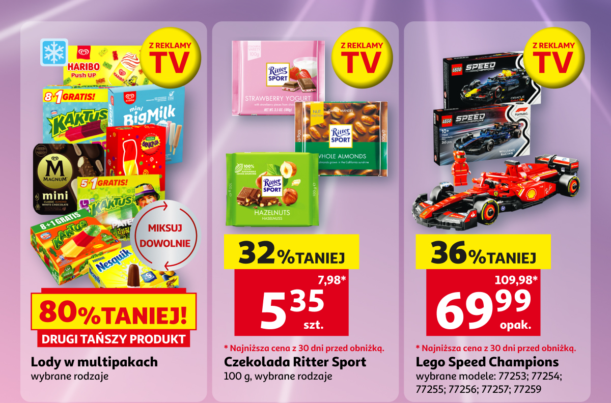 Lody w multipakach, czekolada Ritter Sport i Lego Speed Champions