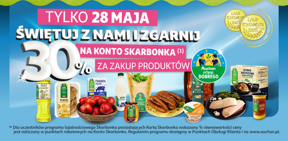 Świętuj z nami i zgarnij 30% na konto Skarbonka za zakup produktów Pewni Dobrego
