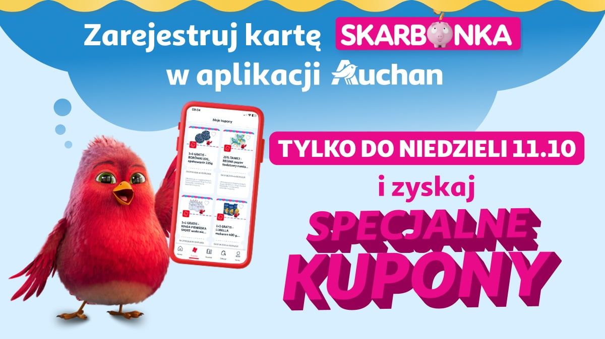 Zarejestruj kartę Skarbonka w aplikacji Auchan tylko do niedzieli 11.10 i zyskaj specjalne kupony