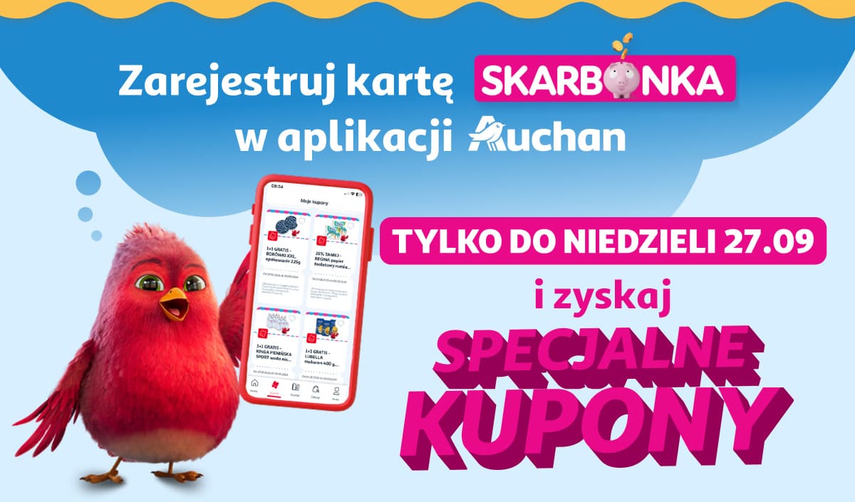 Zarejestruj kartę Skarbonka w aplikacji Auchan do niedzieli 27.09 i zyskaj specjalne kupony