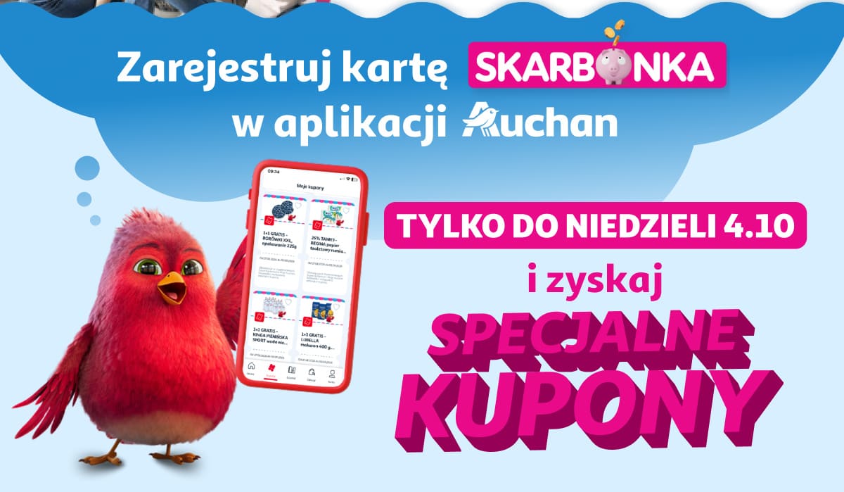 Zarejestruj kartę Skarbonka w aplikacji Auchan do niedzieli 4.10 i zyskaj specjalne kupony