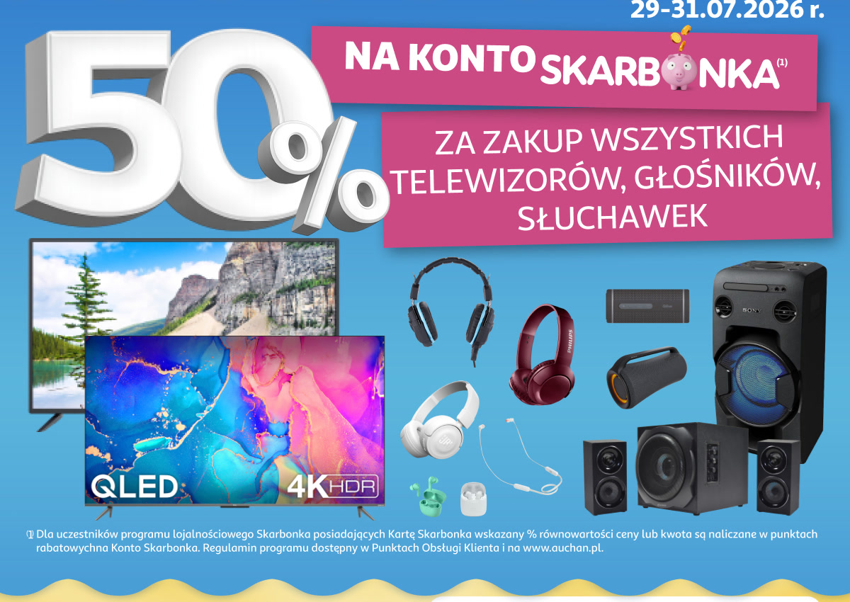 50% na konto Skarbonka za zakup telewizorów, głośników i słuchawek