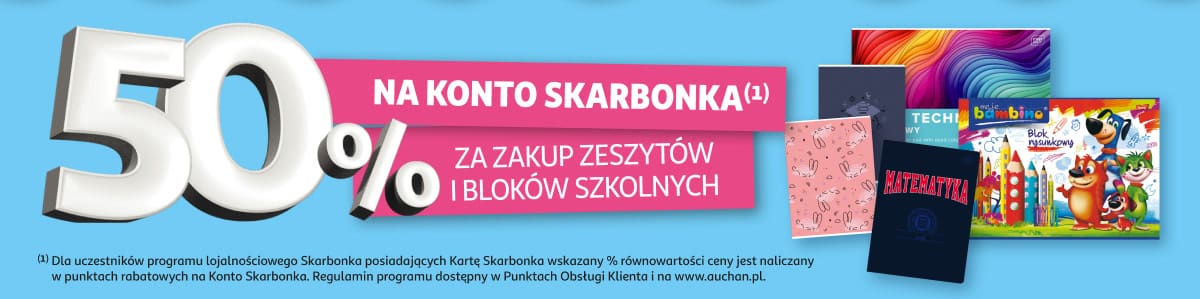 50 procent na konto Skarbonka za zeszyty i bloki szkolne