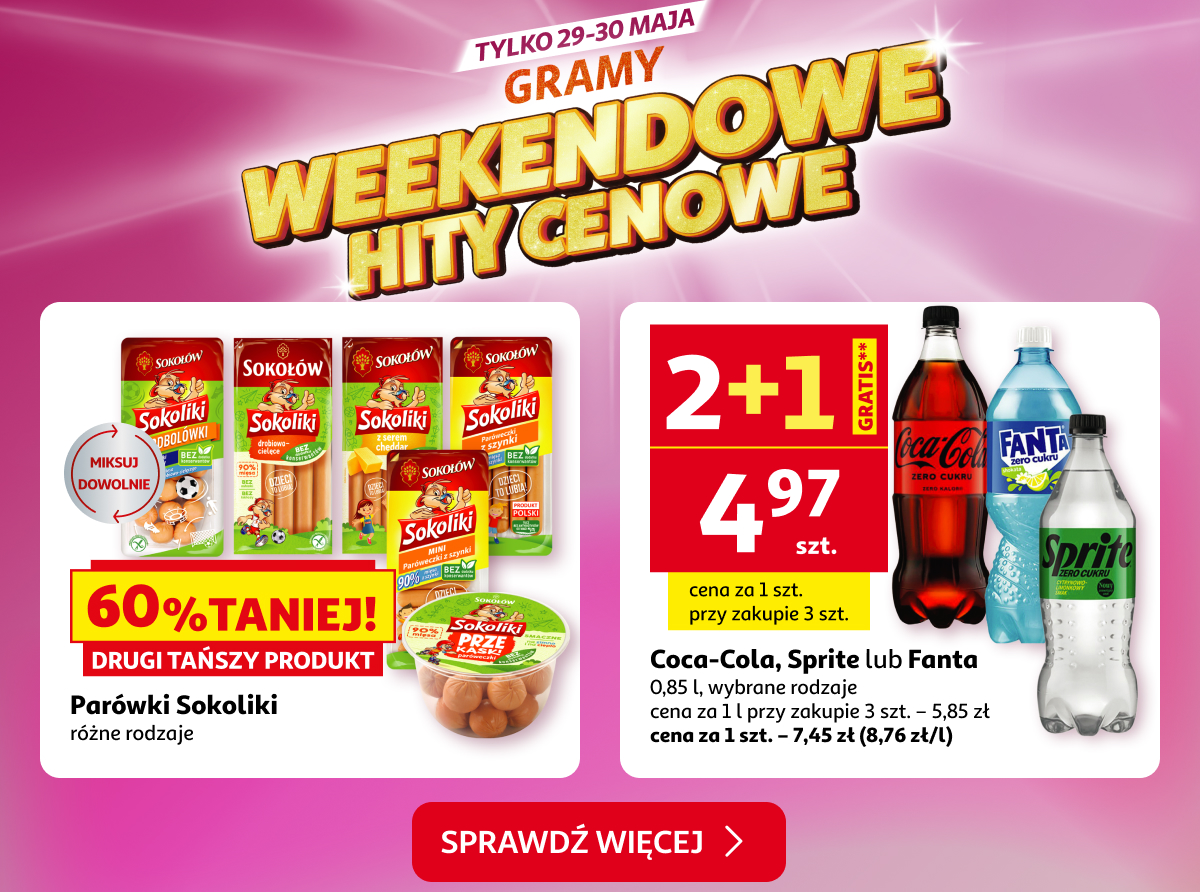 Weekendowe hity cenowe - parówki Sokoliki oraz Coca-Cola, Sprite lub Fanta