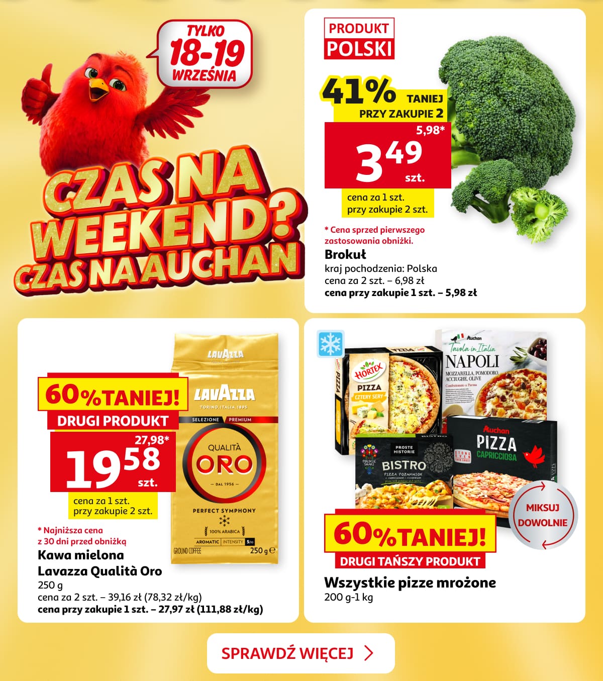 Czas na weekend? Czas na Auchan. Brokuł, kawa Lavazza Qualità Oro i pizze mrożone