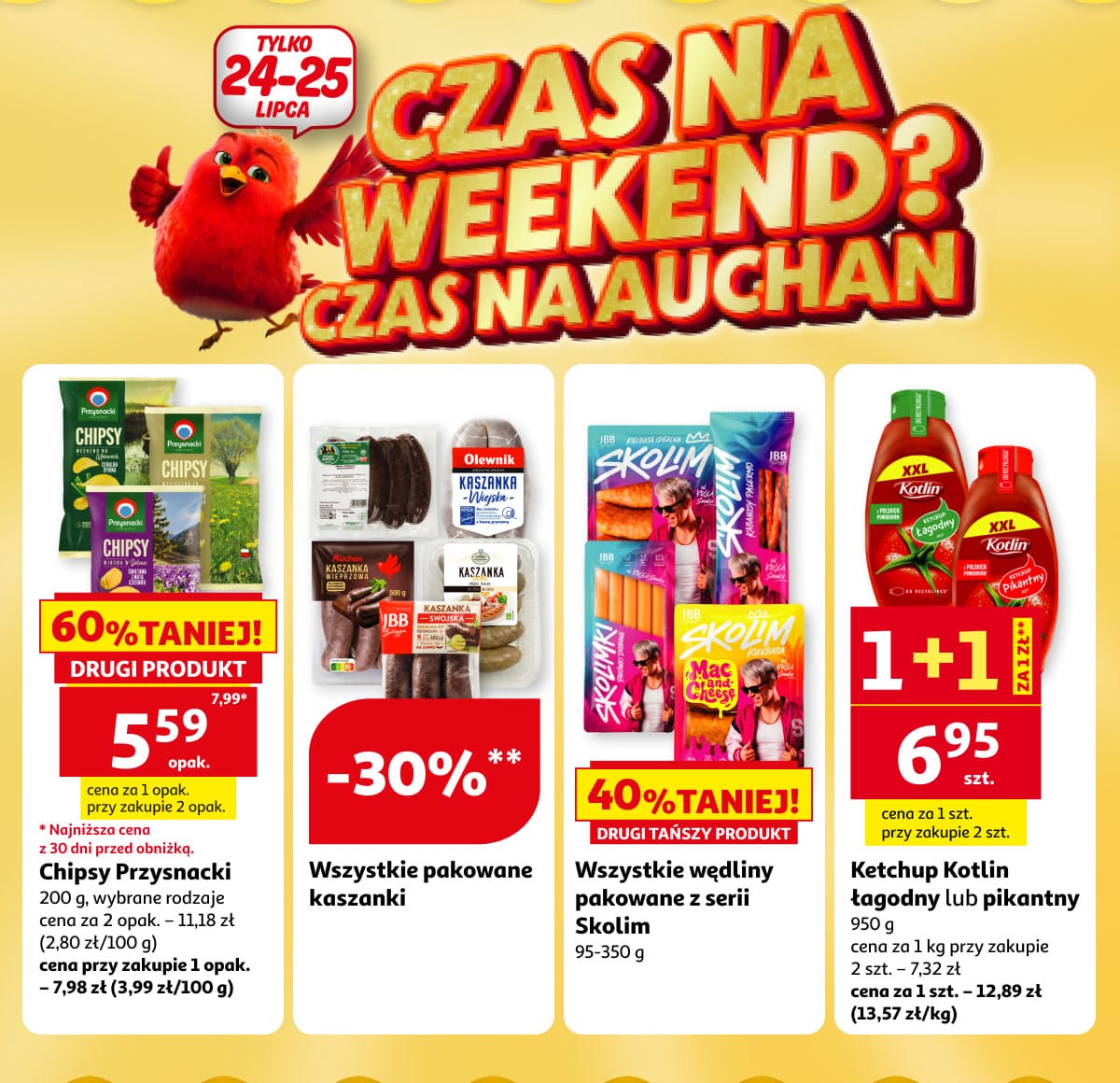 Czas na weekend? Czas na Auchan. Chipsy, kaszanki, wędliny i ketchup Kotlin