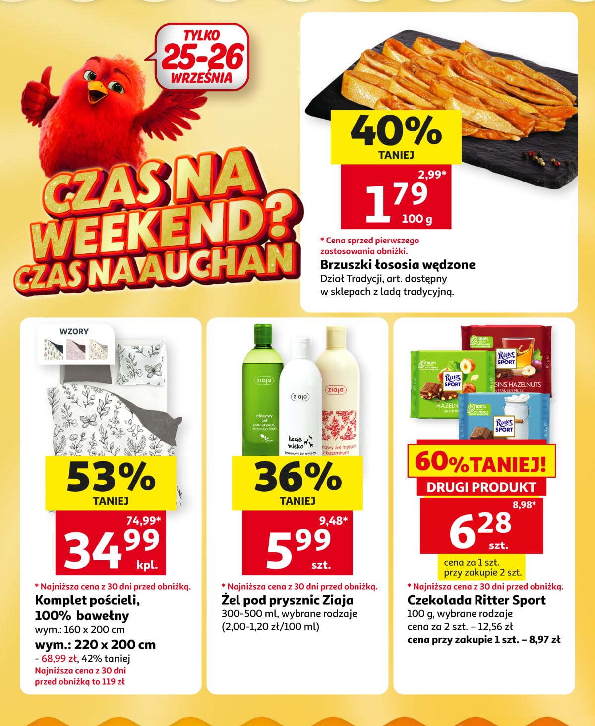 Czas na weekend w Auchan. Łosoś norweski, pościel, żel pod prysznic i czekolada Ritter Sport
