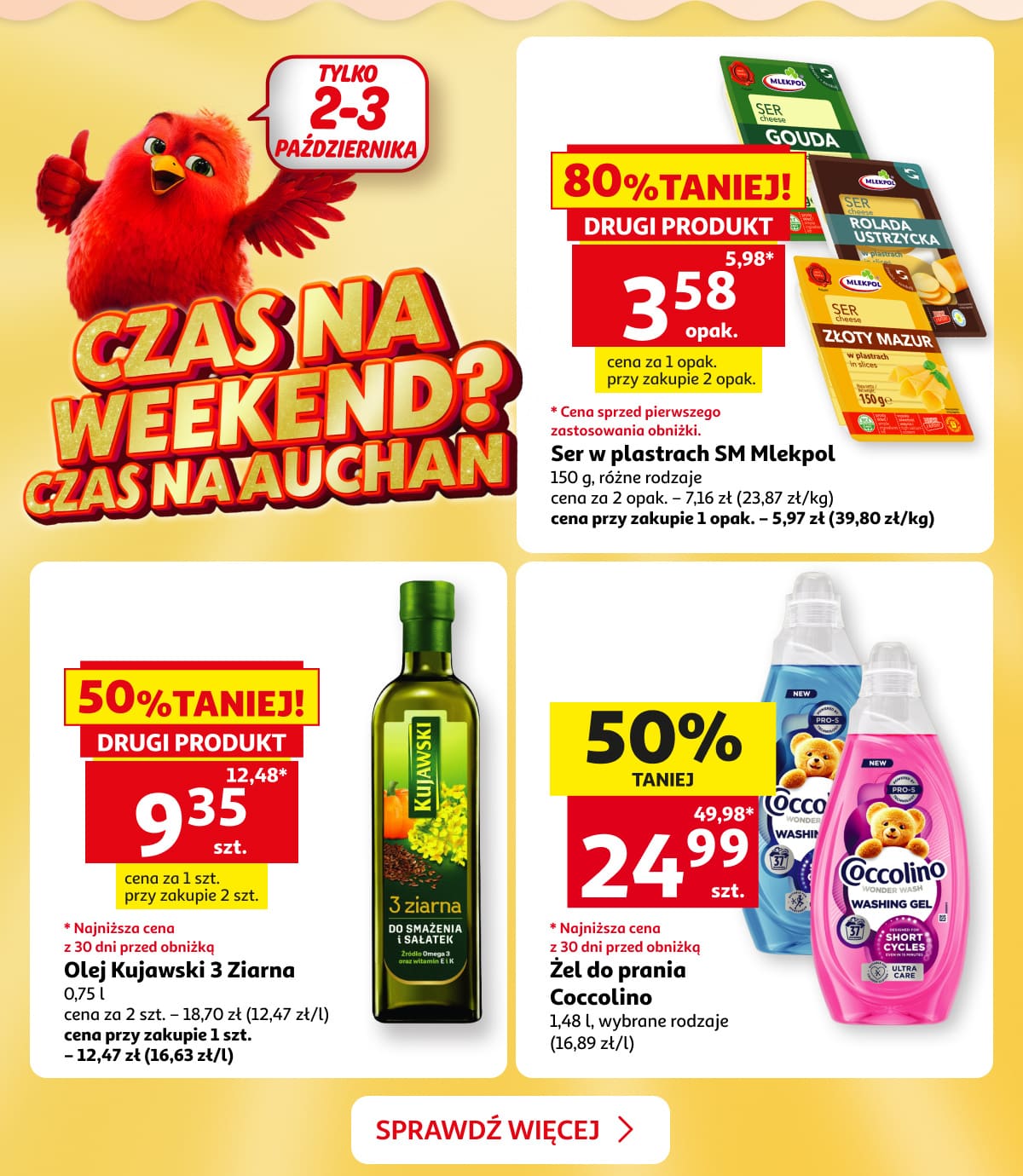 Czas na weekend? Czas na Auchan. Ser w plastrach SM Mlekpol, olej Kujawski i żel do prania Coccolino