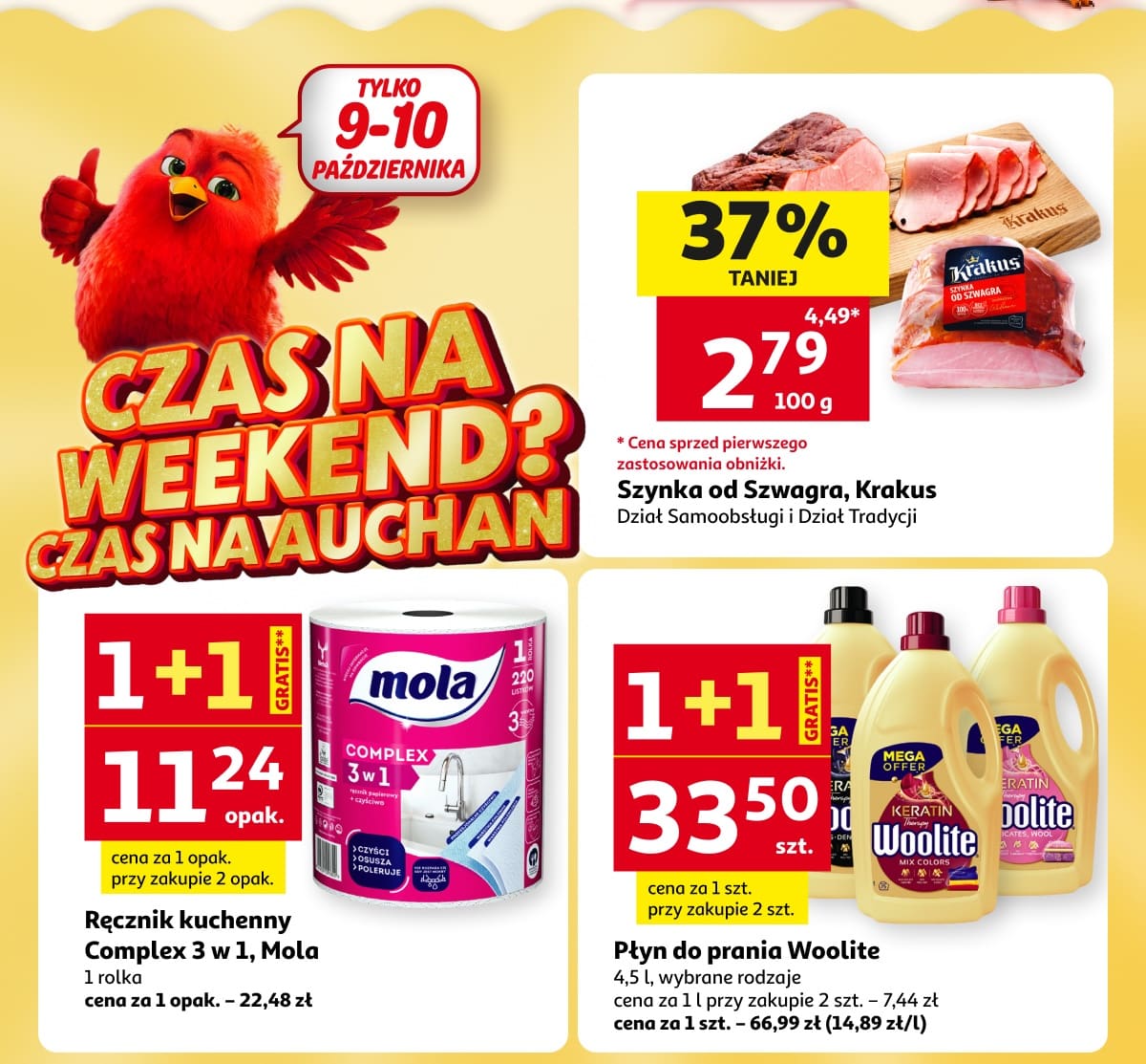 Czas na weekend? Czas na Auchan. Tylko 9-10 października. Szynka od szwagra Krakus, papier toaletowy Mola, płyn do prania Woolite