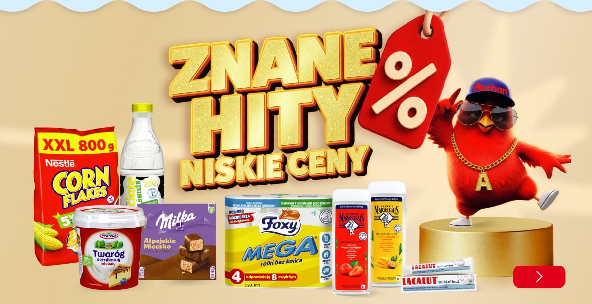 Znane marki w supercenach na 30 lat Auchan. Płatki Nestle Corn Flakes, twaróg sernikowy Piątnica, mleczko Alpejskie Milka, ręcznik papierowy Foxy, pasta do zębów Lacalut